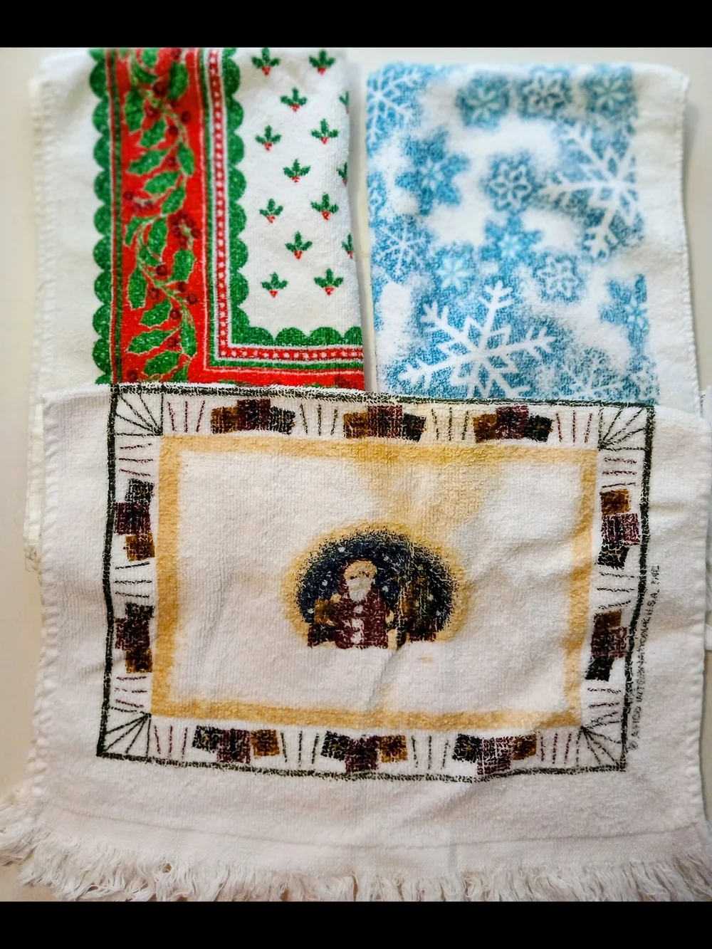 White Holiday Embroidered Fringe Kitchen Towels - Festive Snowman & Santa